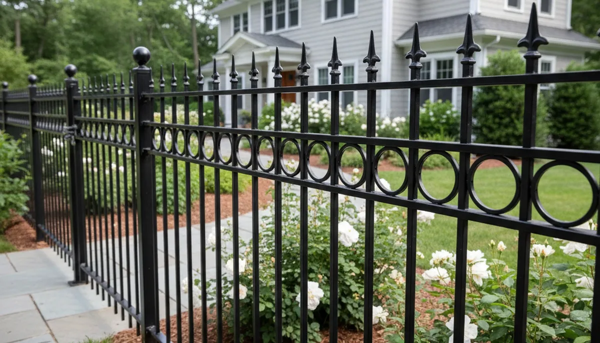 Black metal ornamental fence installation by Chop Chop Landscaping in Waltham, MA for security and curb appeal