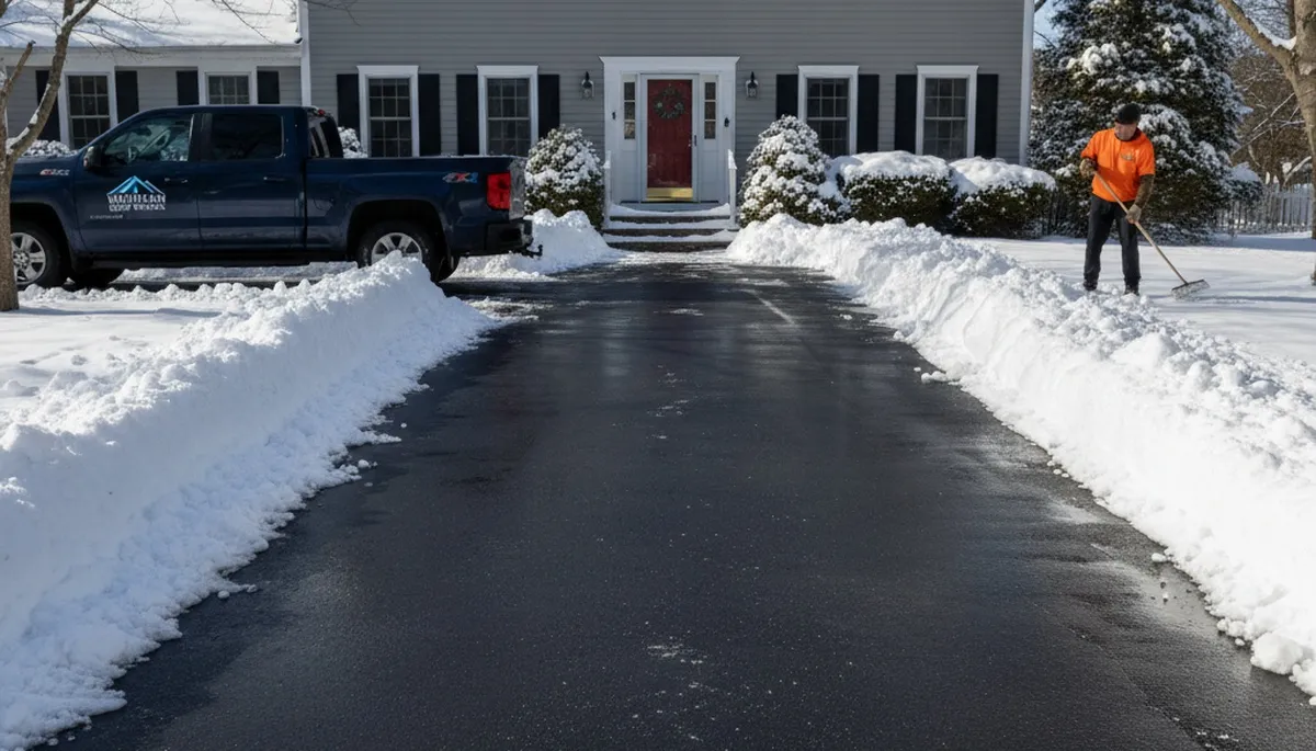 Cleared residential driveway after professional snow removal by Chop Chop Landscaping in Waltham, MA