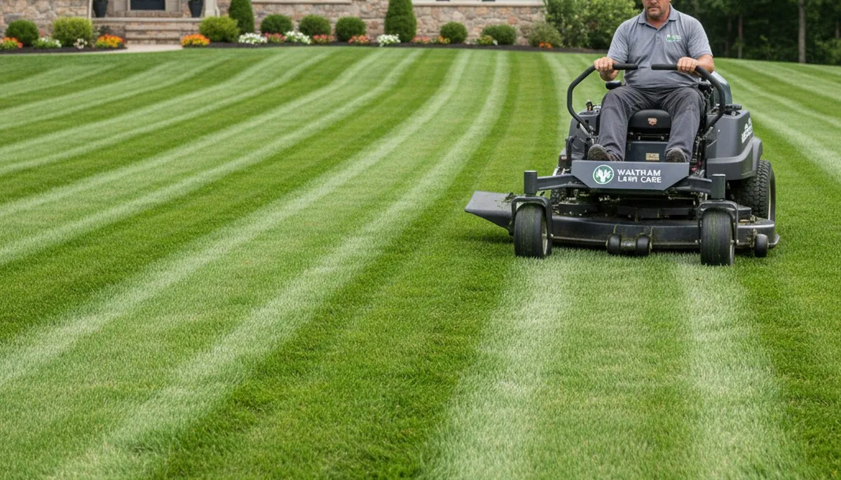 Commercial mower creating striped lawn patterns during professional mowing in Waltham, MA