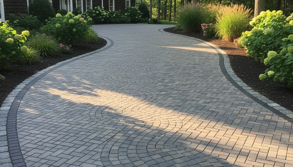Curved paver driveway design with custom stonework by expert landscapers in Waltham, MA