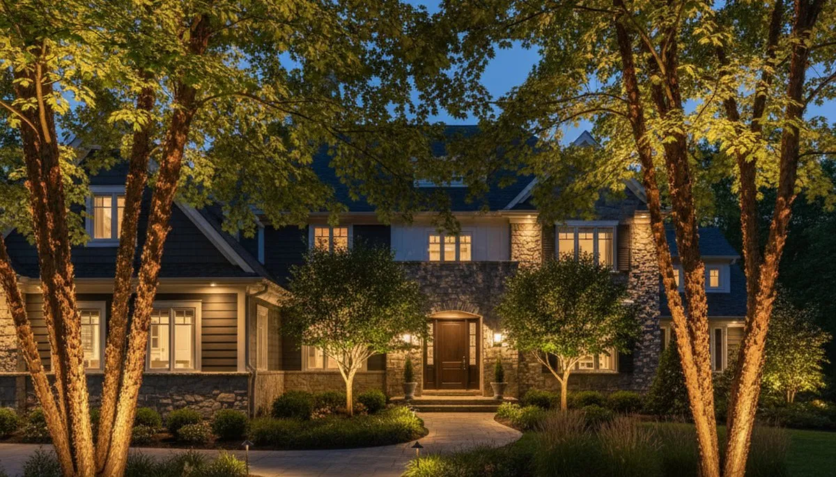 Dramatic tree uplighting design highlighting mature trees at night by Chop Chop Landscaping in Waltham, MA