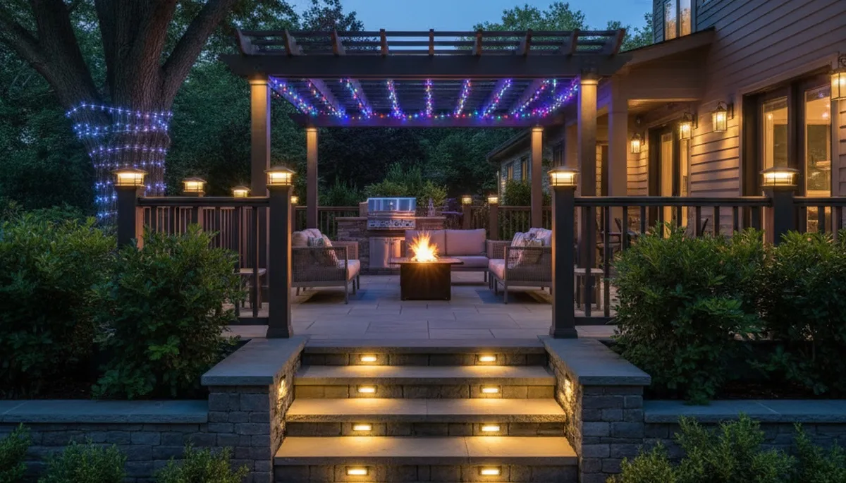 Illuminated deck and patio lighting design by Chop Chop Landscaping in Waltham, MA