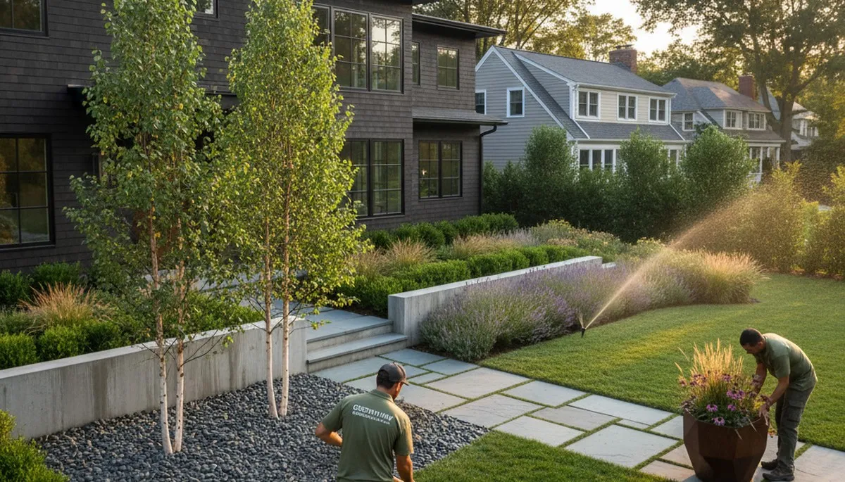 Landscaping crew providing lawn care and garden maintenance in Waltham, MA
