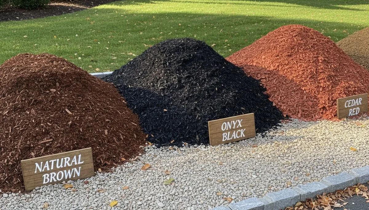 Brown, black, and red mulch color options displayed for landscaping in Waltham, MA by Chop Chop Landscaping