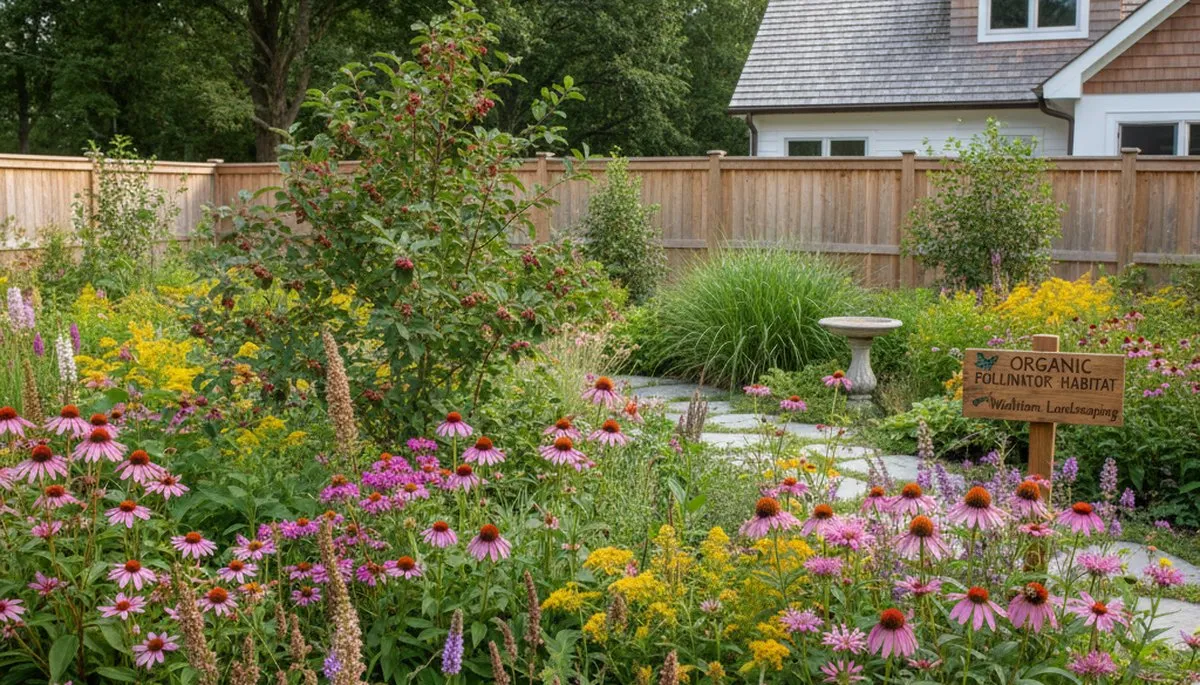 Vibrant native pollinator garden with bees and flowers by organic landscapers in Waltham, MA