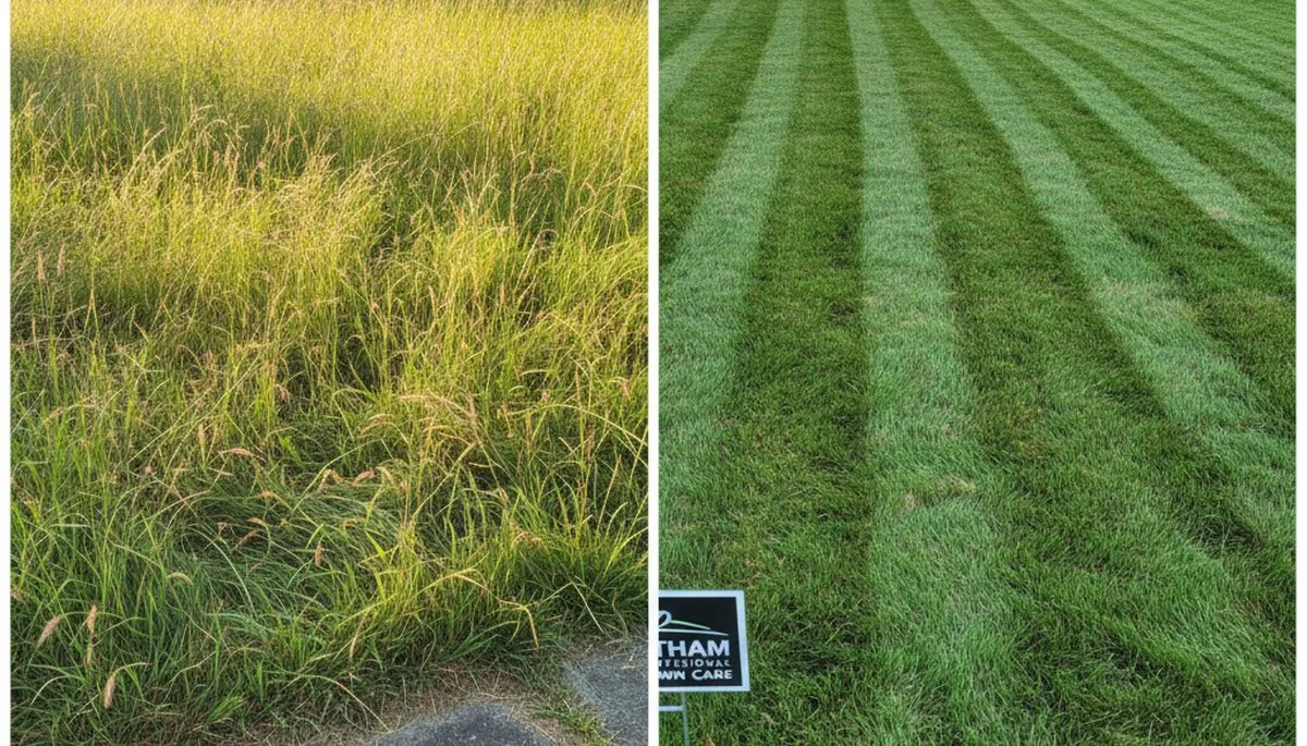 Before and after lawn mowing transformation by Chop Chop Landscaping in Waltham, MA