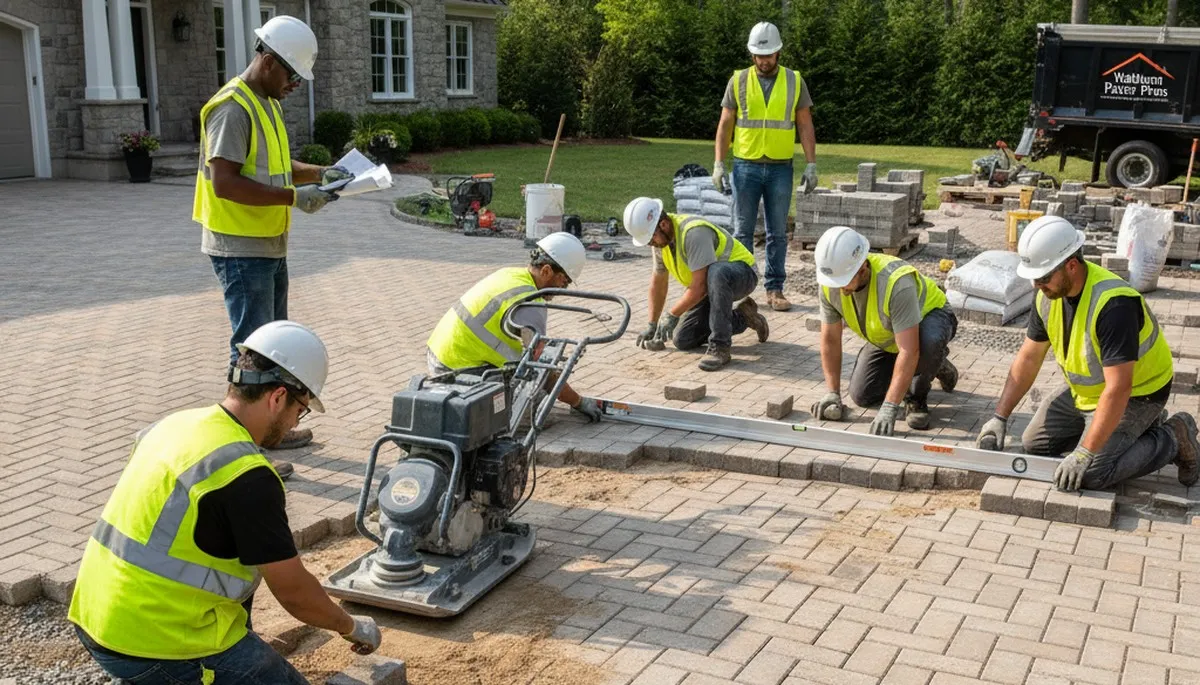 Crew installing driveway pavers in Waltham MA with base prep and leveling by Chop Chop Landscaping