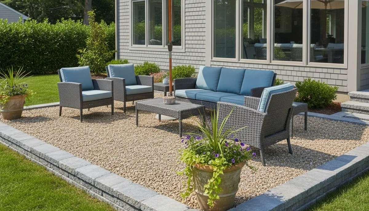Pea gravel patio installation in Waltham MA with clean edging and outdoor seating by Chop Chop Landscaping