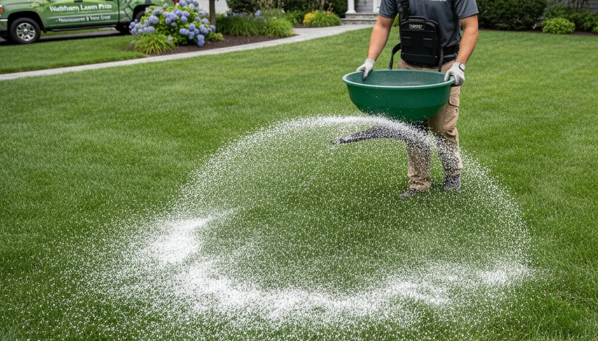Lawn care technician applying fertilizer with spreader on residential lawn in Waltham, MA