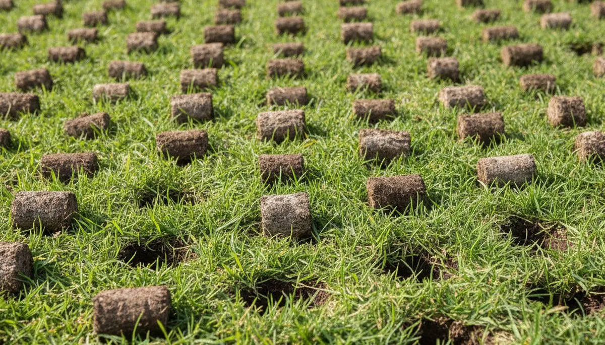 Close-up of lawn aeration soil cores showing plug depth and soil profile in Waltham, MA