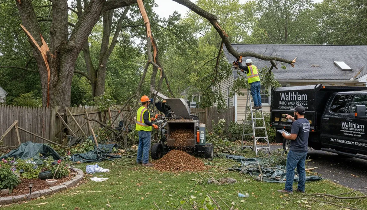Technicians clearing storm debris during emergency yard cleanup in Waltham, MA landscaping service